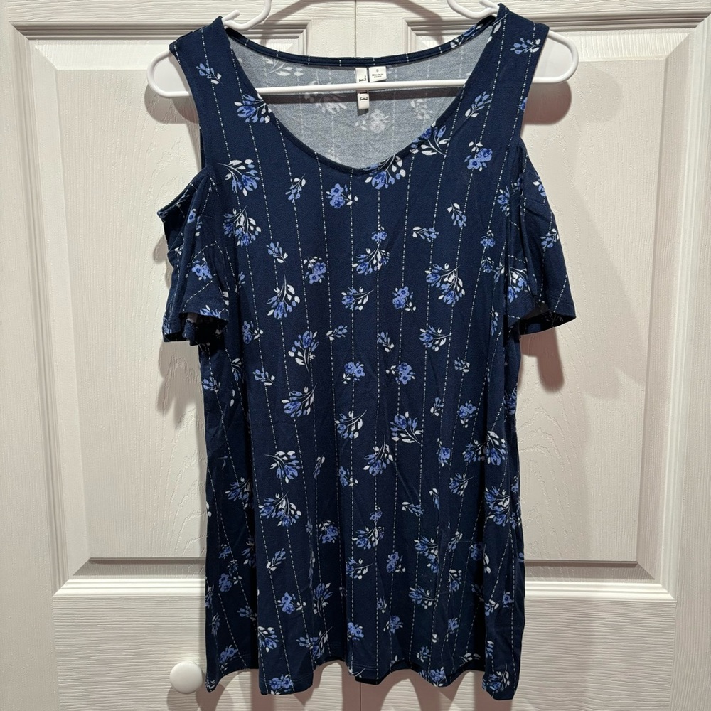 ELLE Women’s Floral Striped Cold-Shoulder Short-Sleeve Top - blue, size S